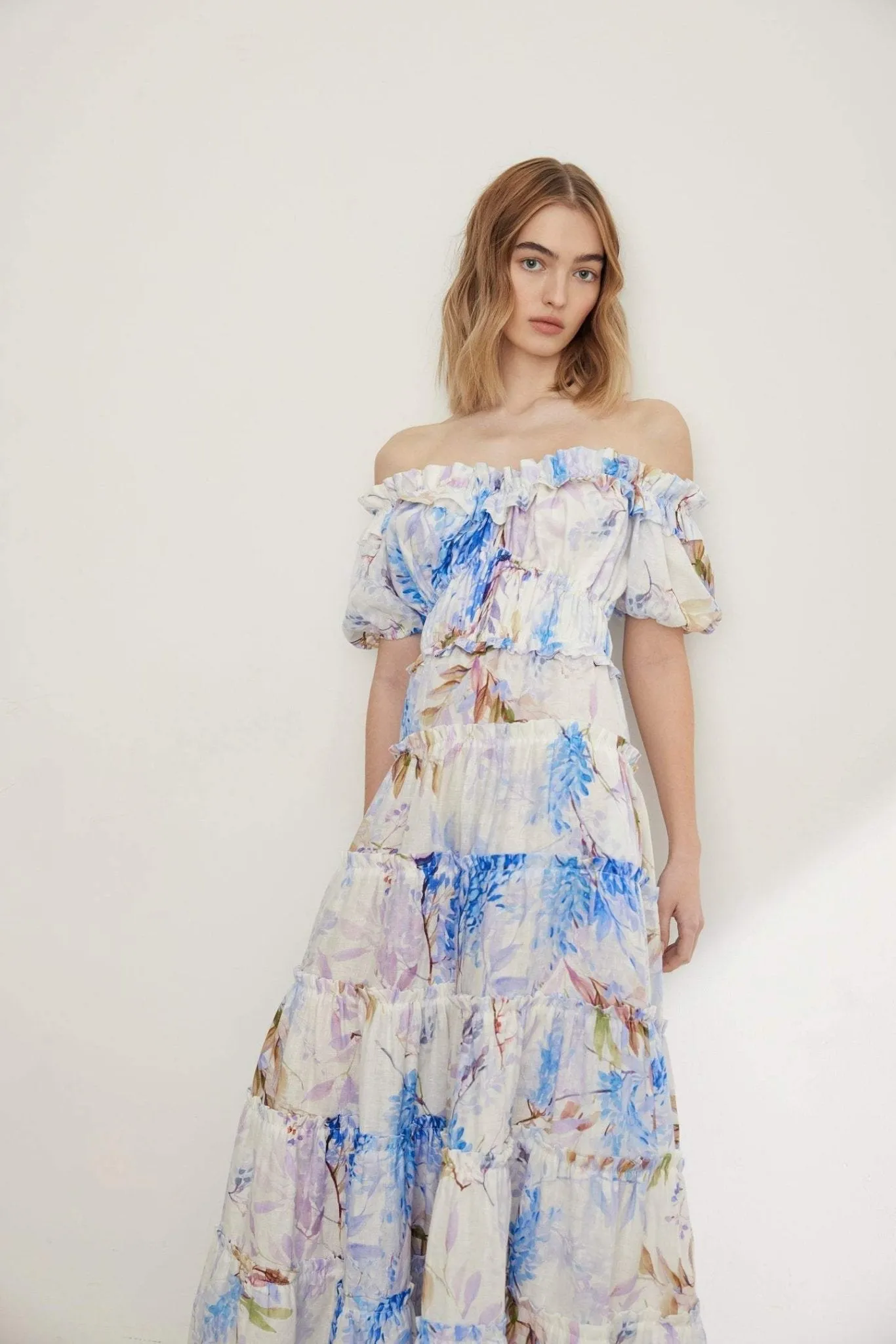 Ines robe maxi à volants imprimés couleur bruyère