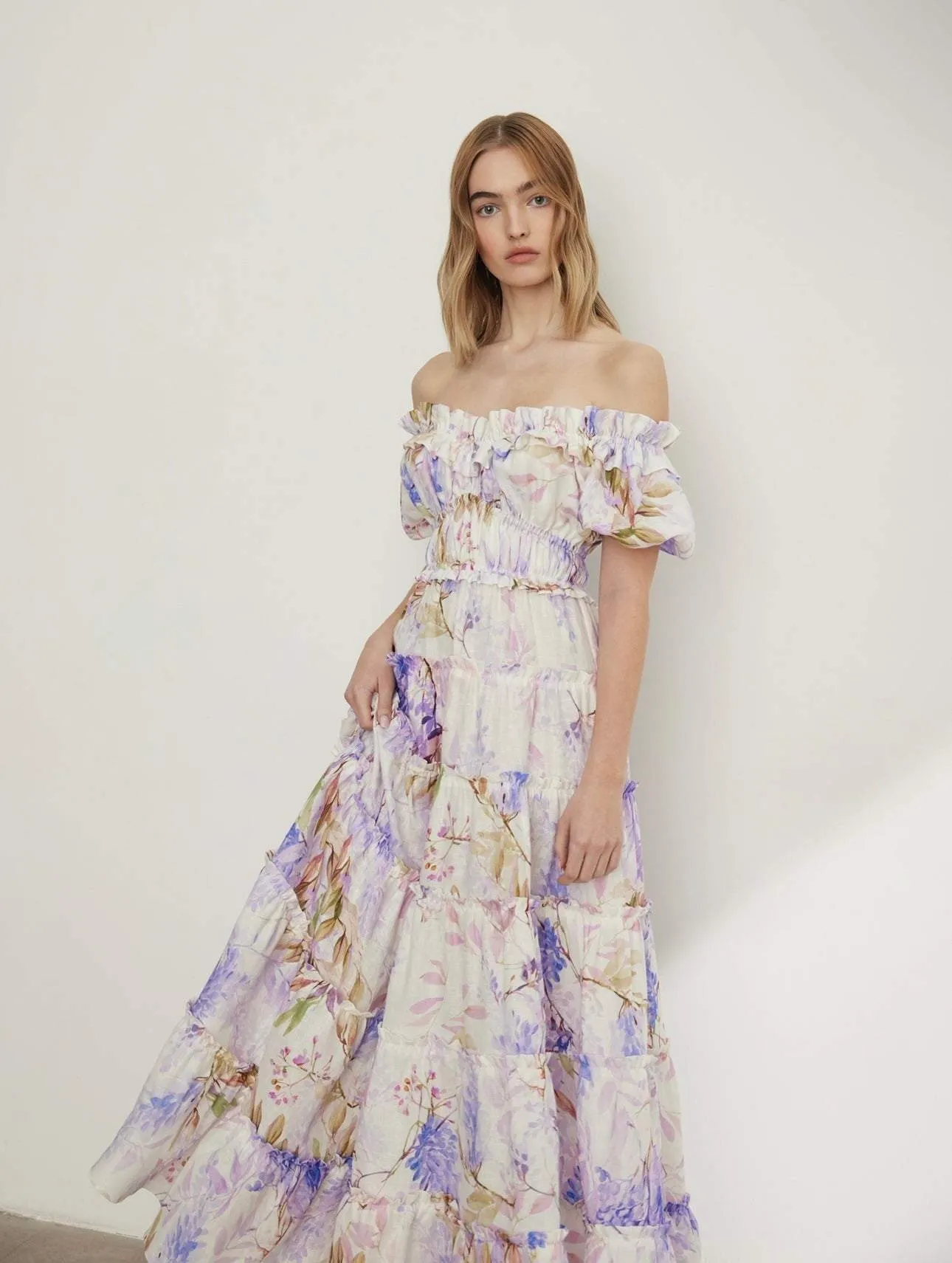 Ines robe maxi à volants imprimés couleur bruyère