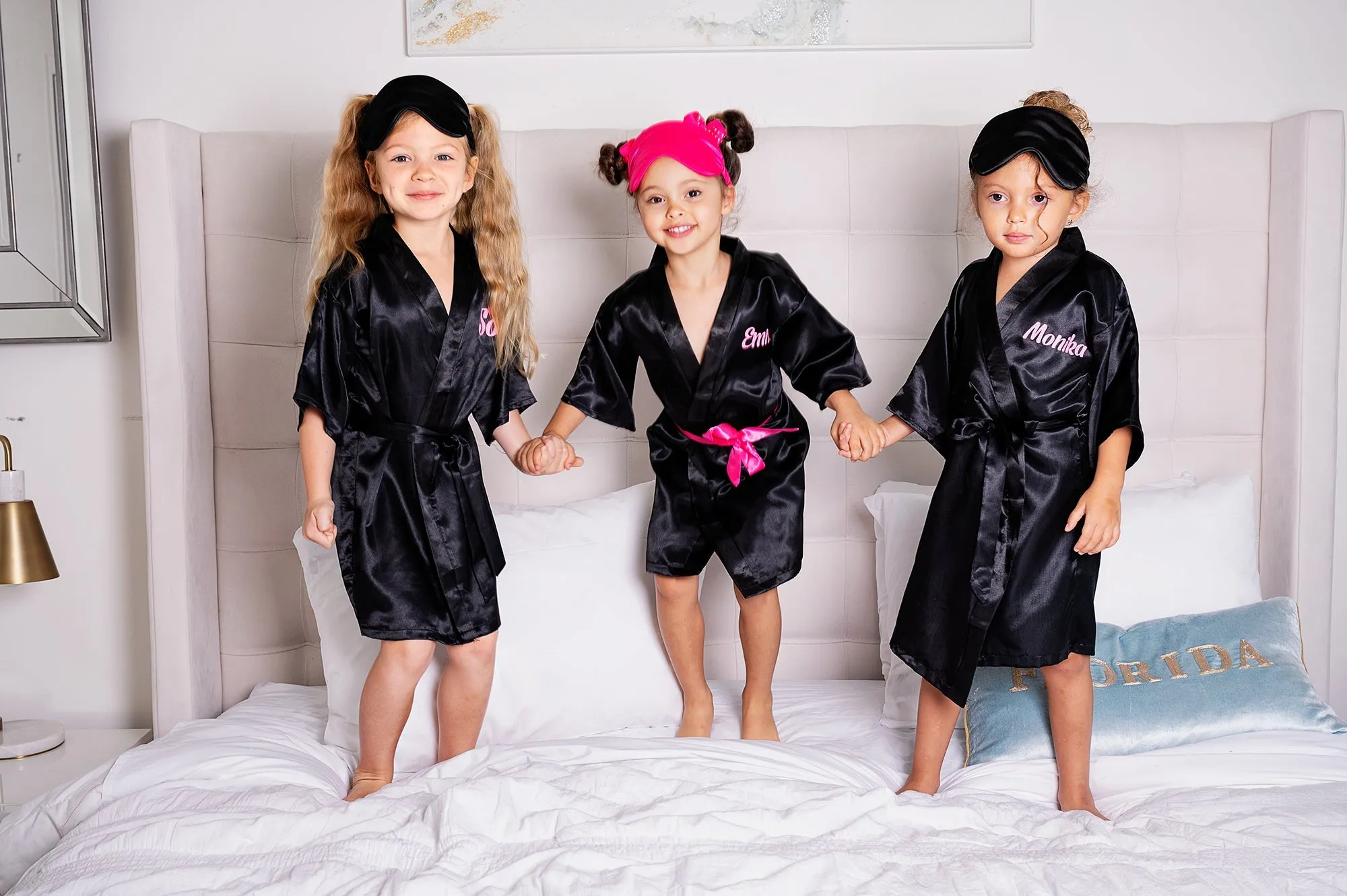 Kids Satin Robes for Junior Bridesmaids and Flower Girls - Script Glitter Arrow and Heart
