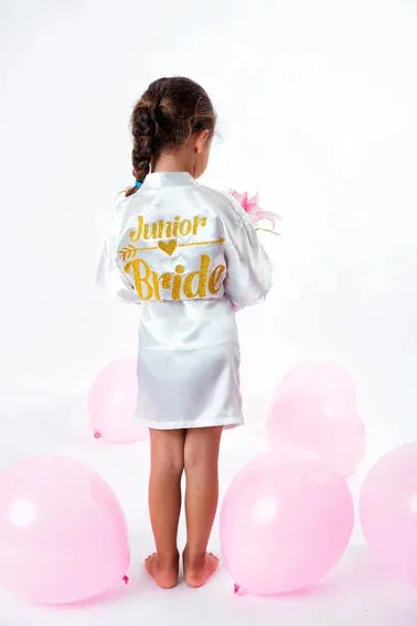 Kids Satin Robes for Junior Bridesmaids and Flower Girls - Script Glitter Arrow and Heart
