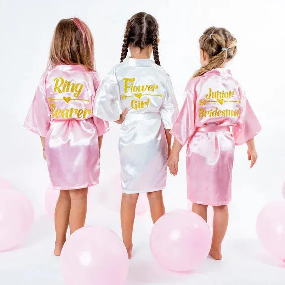 Kids Satin Robes for Junior Bridesmaids and Flower Girls - Script Glitter Arrow and Heart