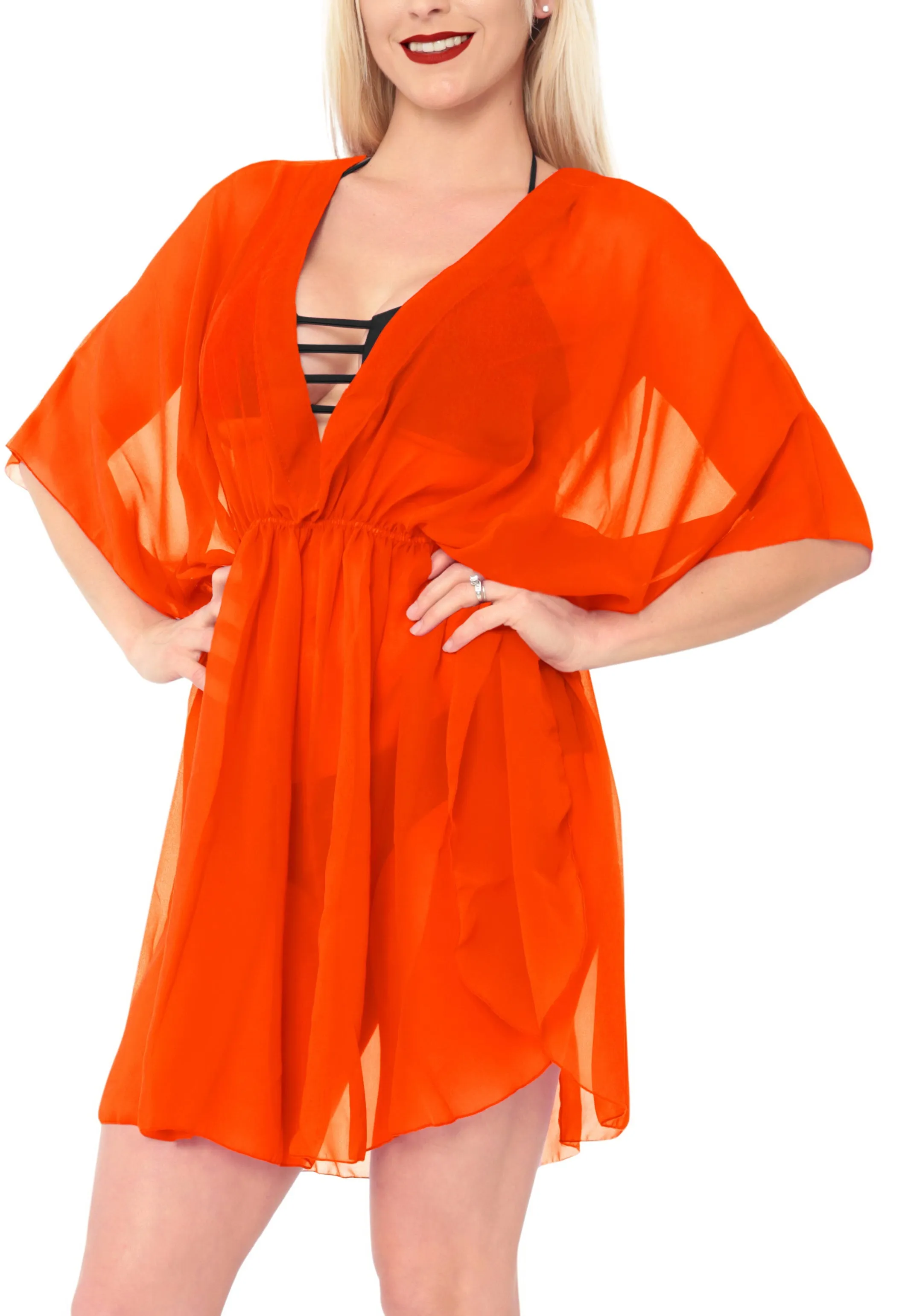 LA LEELA Bikni Swimwear Chiffon Solid Beach Swim Cover Up OSFM 8-16W [M- 1X] Orange_846