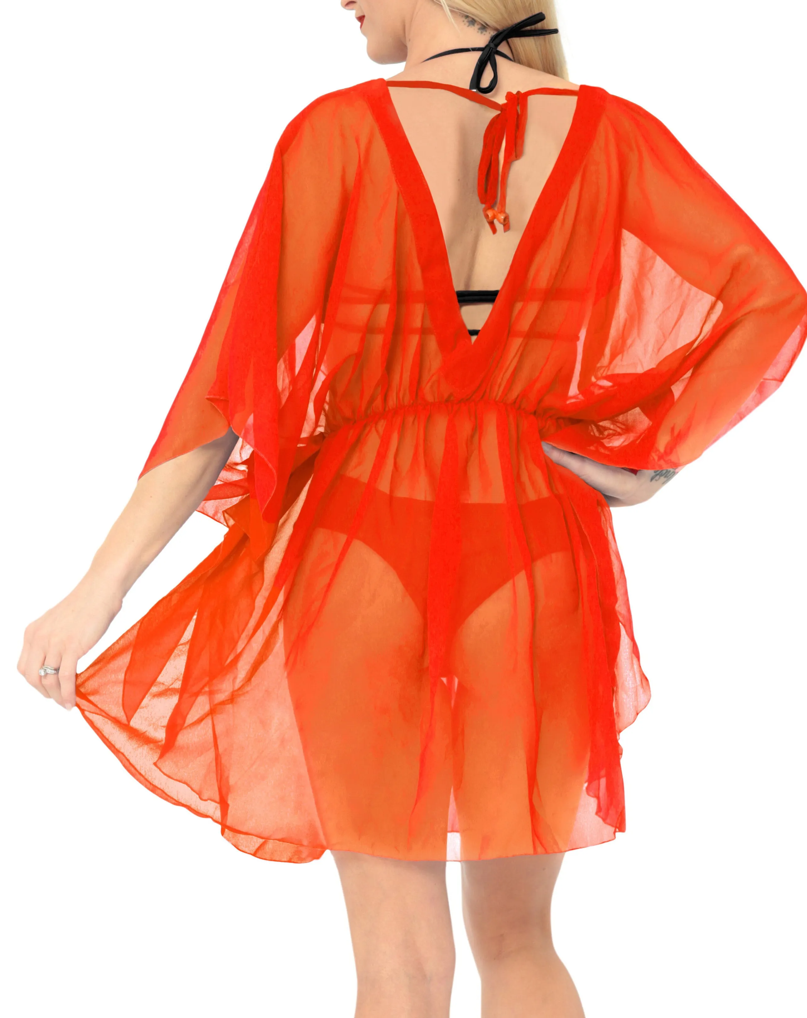 LA LEELA Bikni Swimwear Chiffon Solid Beach Swim Cover Up OSFM 8-16W [M- 1X] Orange_846