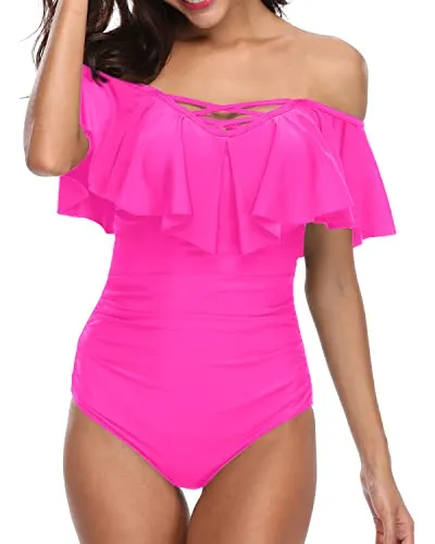 Lace Up Women Off Shoulder One Piece Swimsuit Tummy Control Bathing Suit-Neon Pink