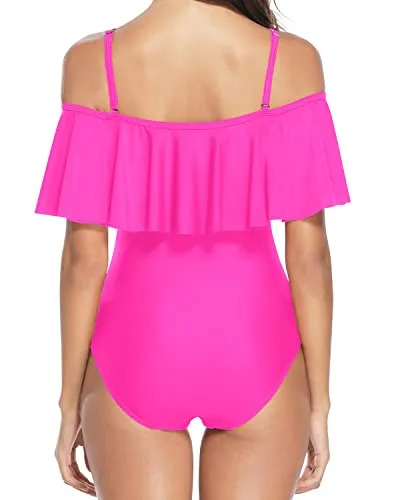 Lace Up Women Off Shoulder One Piece Swimsuit Tummy Control Bathing Suit-Neon Pink