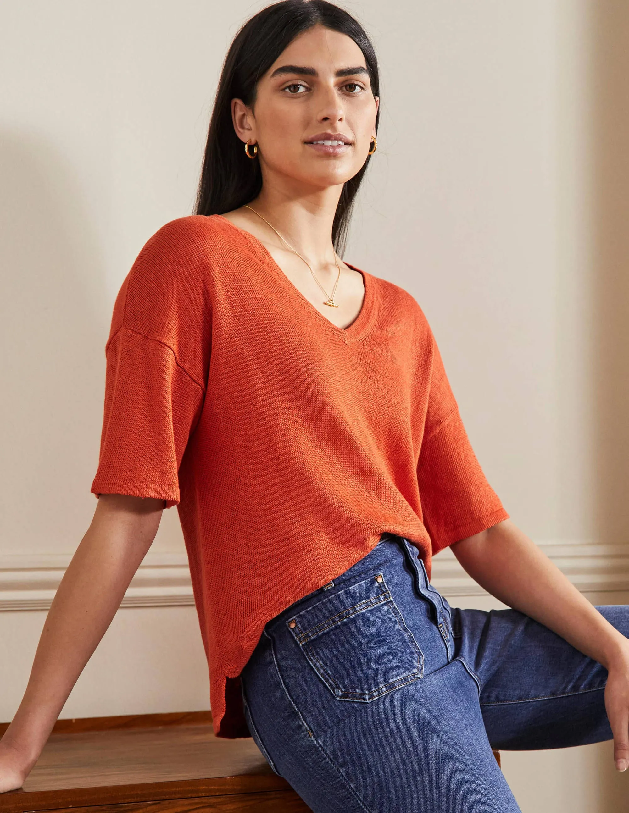 Linen Knitted T-shirt-Bright Papaya