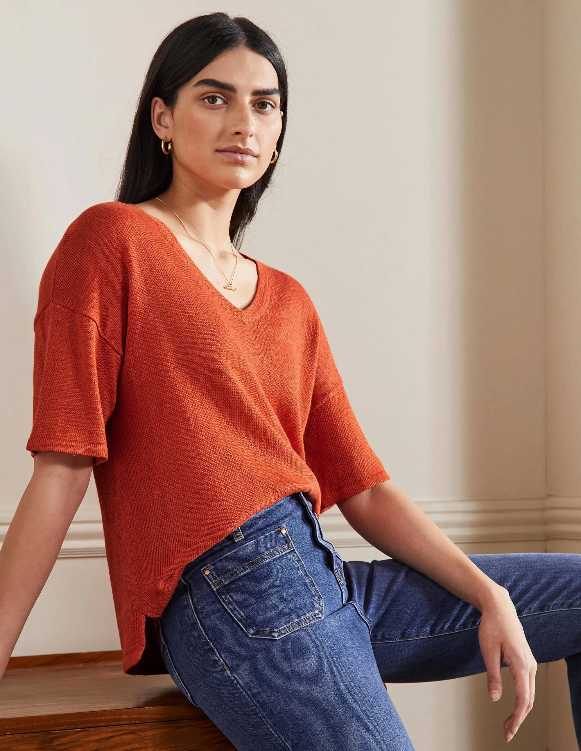 Linen Knitted T-shirt-Bright Papaya