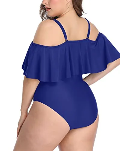 Modest Coverage Off Shoulder Plus Size Swimsuits For Curvy Women-Blue