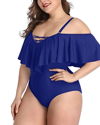 Modest Coverage Off Shoulder Plus Size Swimsuits For Curvy Women-Blue