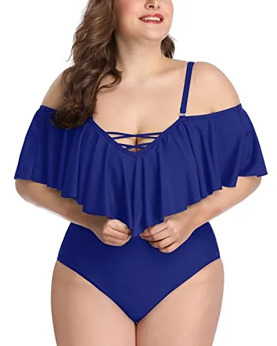 Modest Coverage Off Shoulder Plus Size Swimsuits For Curvy Women-Blue