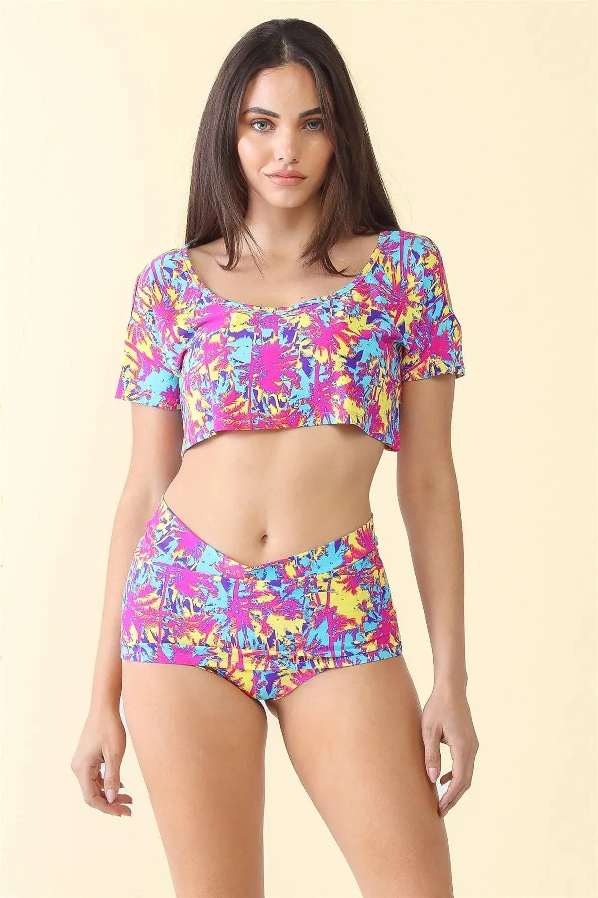 Multi Beach Print Cut-Out Short Sleeve Crop Top