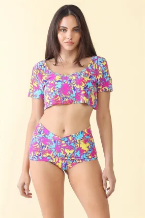 Multi Beach Print Cut-Out Short Sleeve Crop Top
