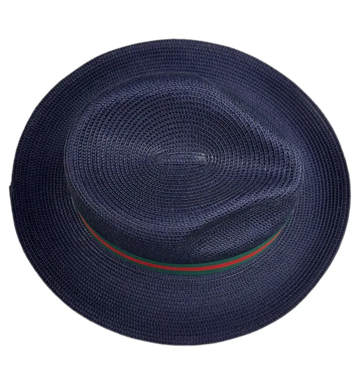 Navy Blue Bruno Capelo Luxury Men's Summer Hat Green and Red Brim