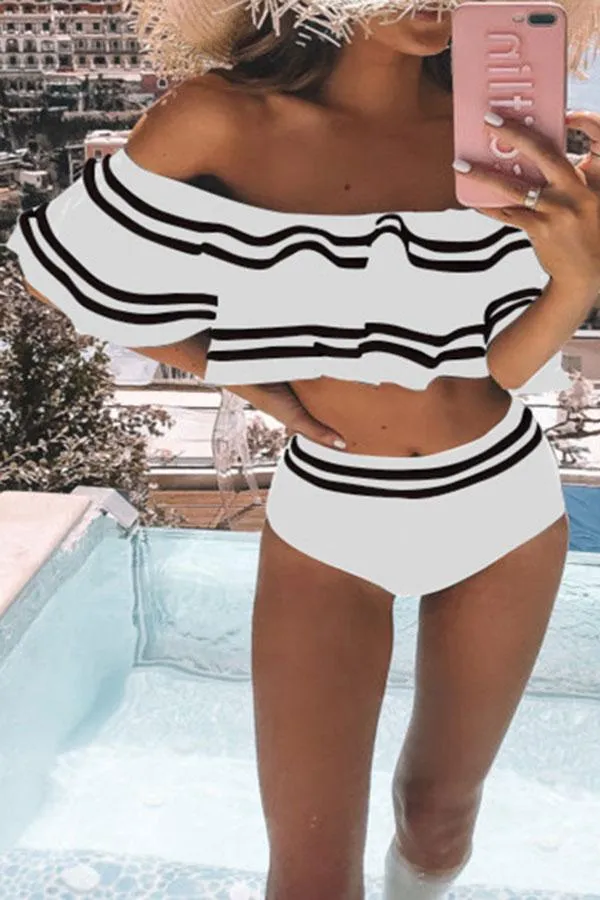 Off Shoulder Striped Retro Bikini Swimwear