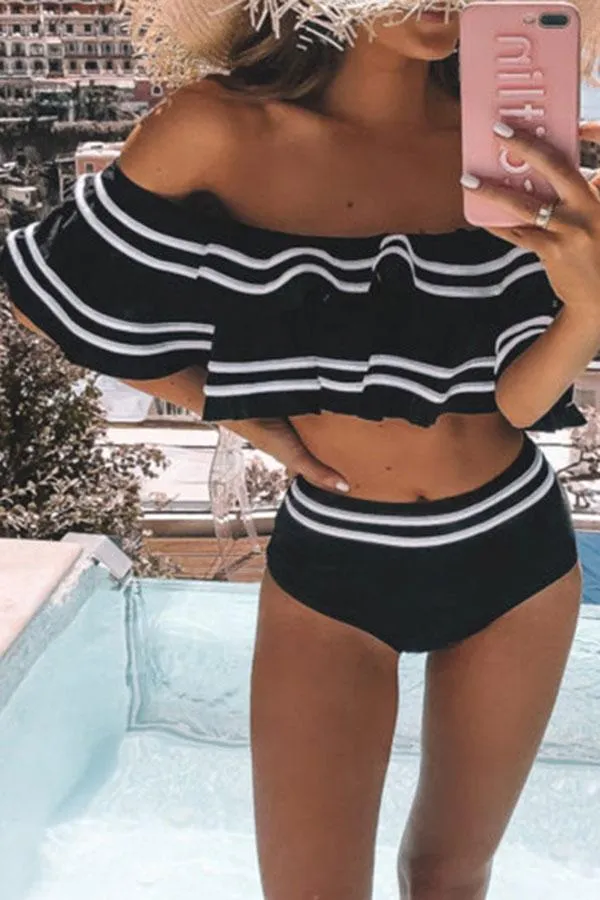 Off Shoulder Striped Retro Bikini Swimwear