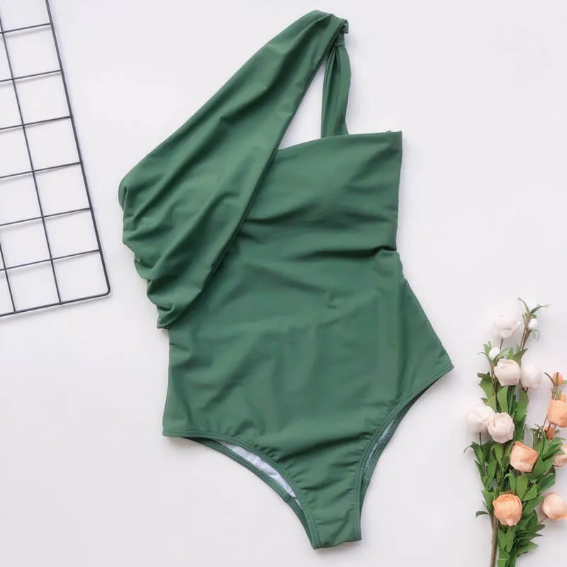 One Shoulder Backless Plain High Cut Swimsuits