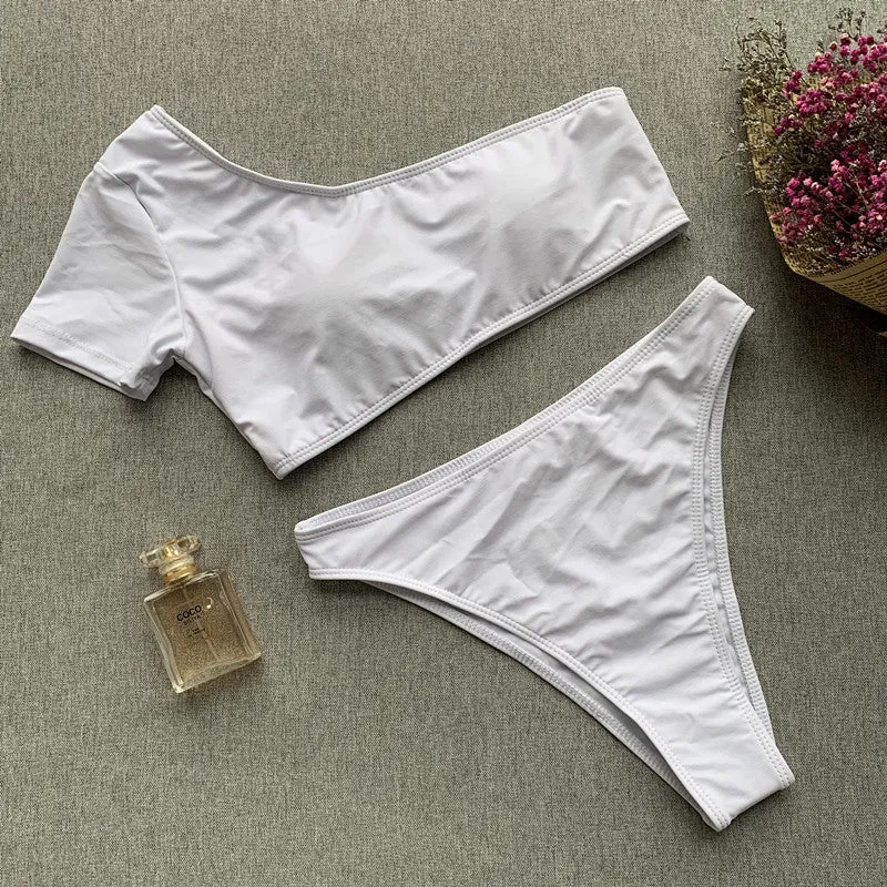 Plain One Shoulder Short Sleeve Thong Bottom Bikinis