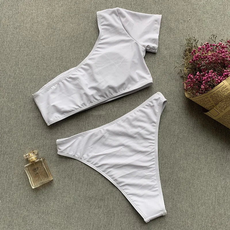 Plain One Shoulder Short Sleeve Thong Bottom Bikinis