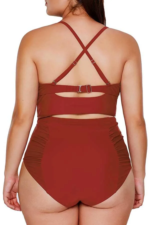 Plus Size Criss Cross Ruched High Waisted Bikini Set
