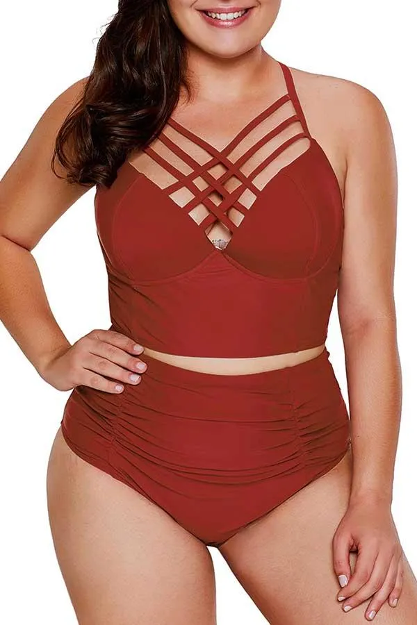Plus Size Criss Cross Ruched High Waisted Bikini Set
