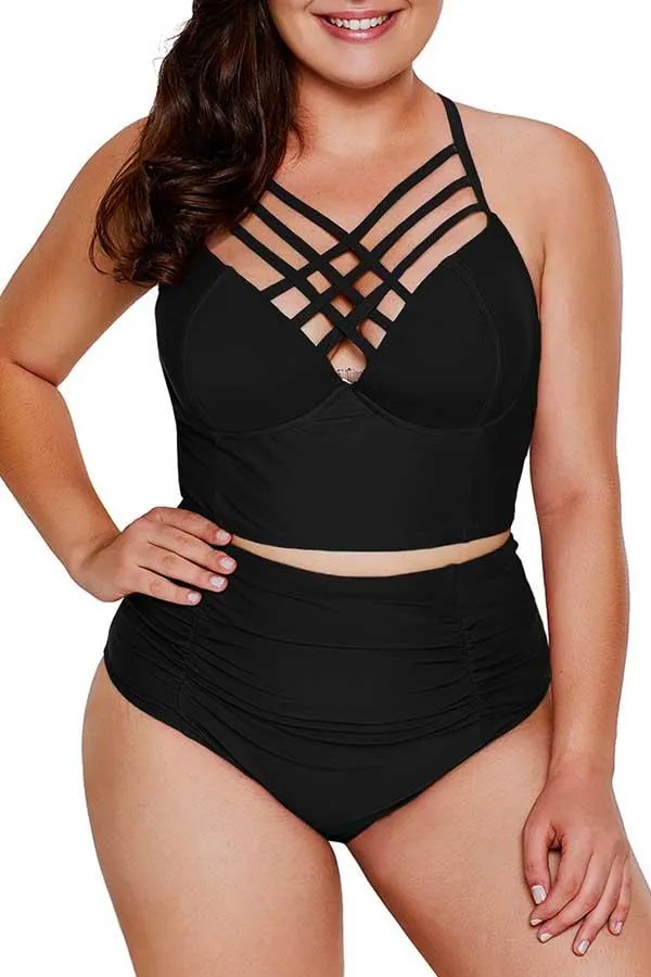 Plus Size Criss Cross Ruched High Waisted Bikini Set