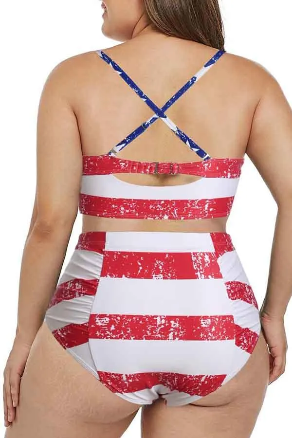 Plus Size Criss Cross Ruched High Waisted Bikini Set