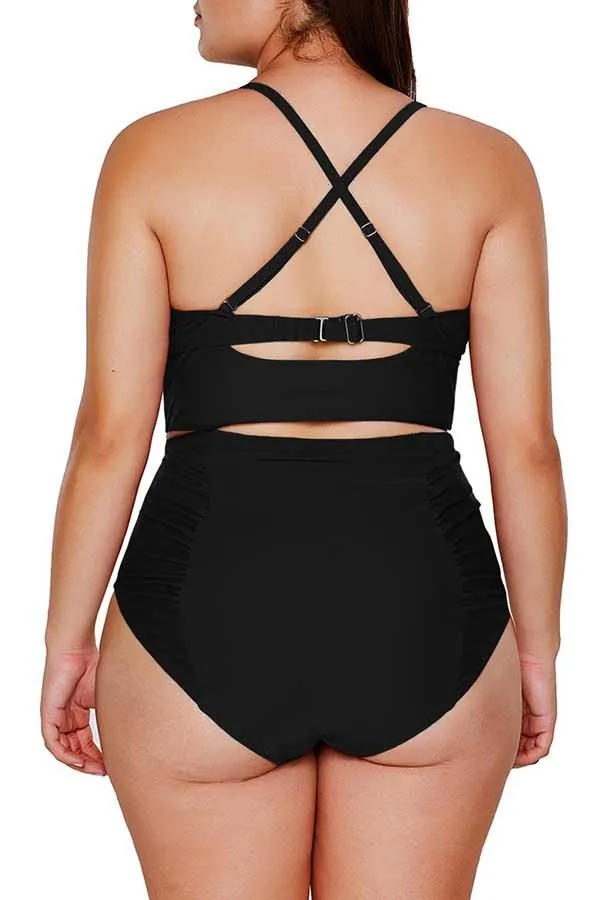 Plus Size Criss Cross Ruched High Waisted Bikini Set
