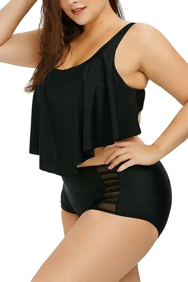 Plus Size Plain Ruffle High Waisted Bikini Set