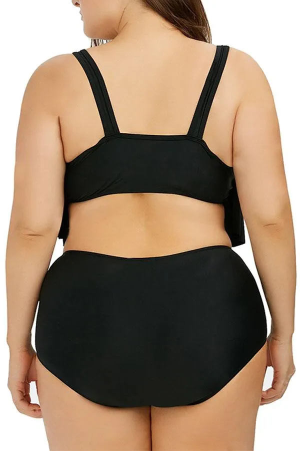 Plus Size Plain Ruffle High Waisted Bikini Set