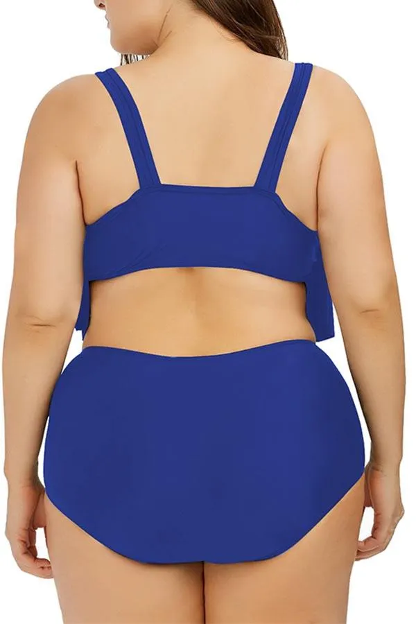 Plus Size Plain Ruffle High Waisted Bikini Set