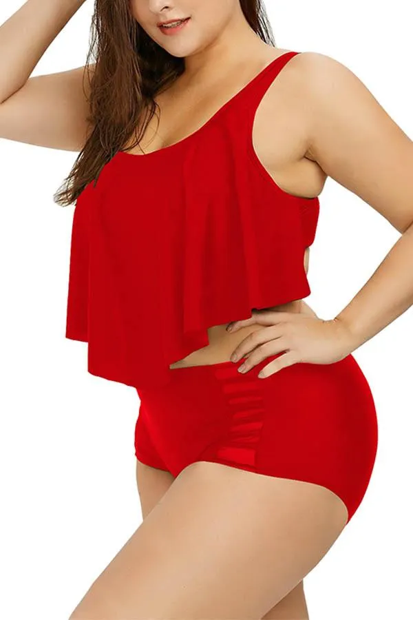 Plus Size Plain Ruffle High Waisted Bikini Set