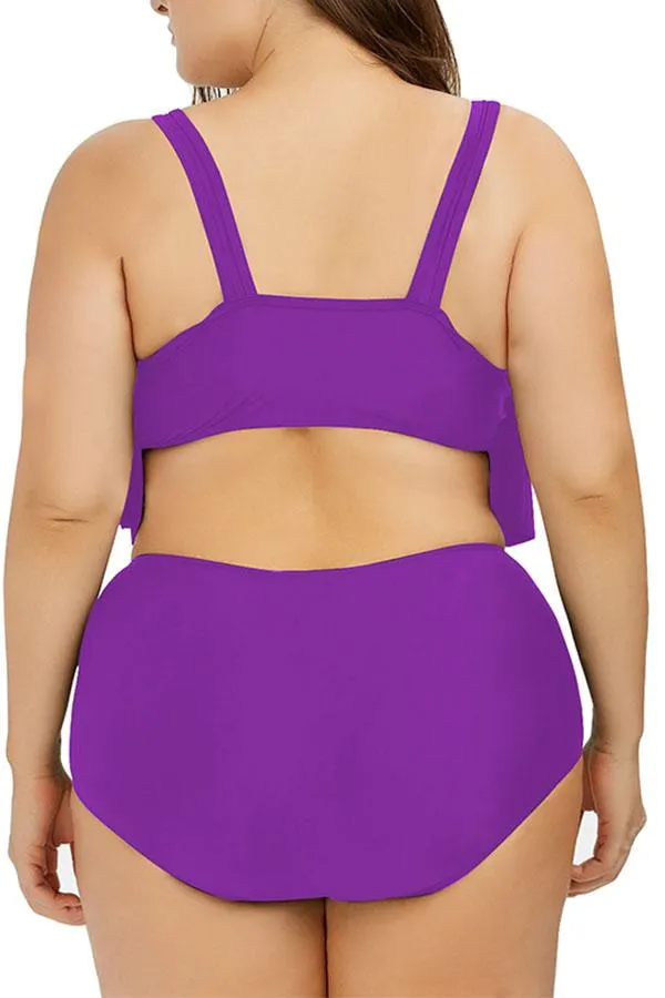Plus Size Plain Ruffle High Waisted Bikini Set