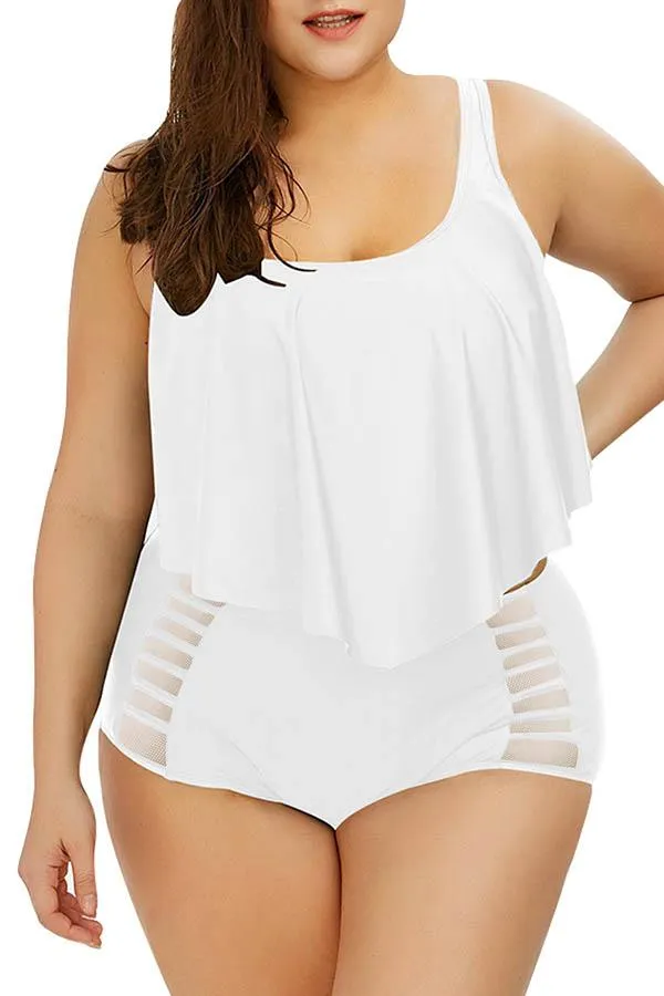 Plus Size Plain Ruffle High Waisted Bikini Set