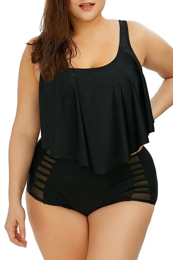 Plus Size Plain Ruffle High Waisted Bikini Set