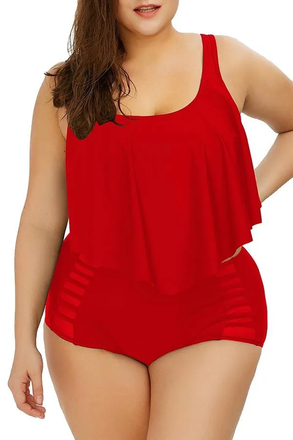 Plus Size Plain Ruffle High Waisted Bikini Set