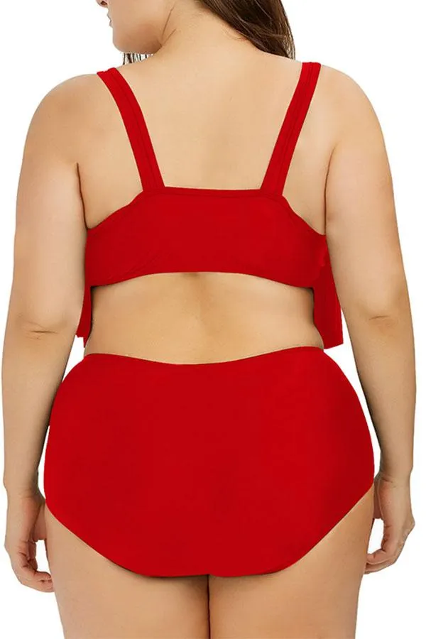 Plus Size Plain Ruffle High Waisted Bikini Set
