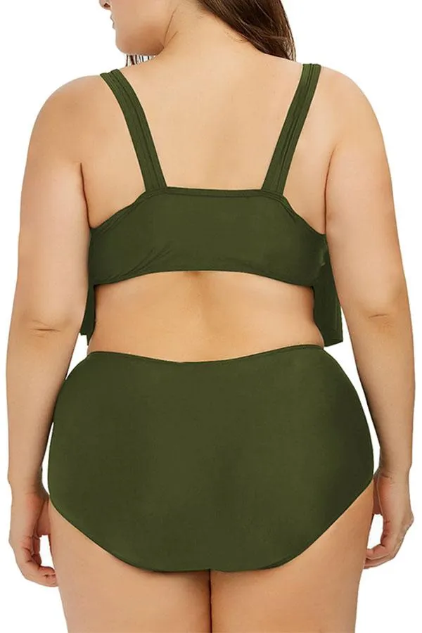 Plus Size Plain Ruffle High Waisted Bikini Set