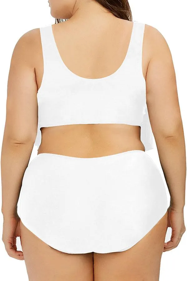 Plus Size Plain Ruffle High Waisted Bikini Set