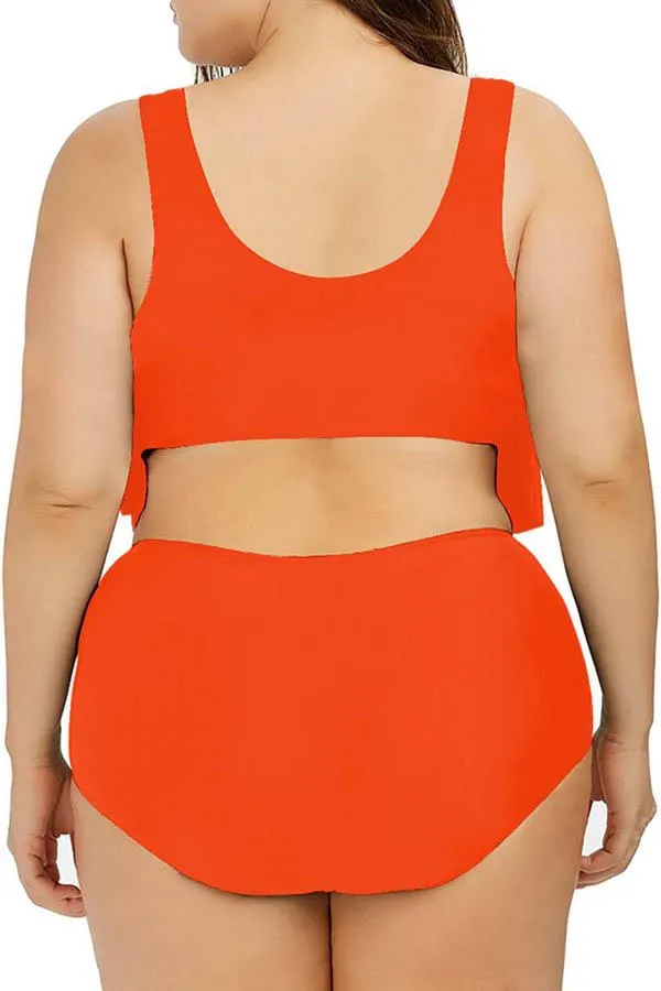 Plus Size Plain Ruffle High Waisted Bikini Set