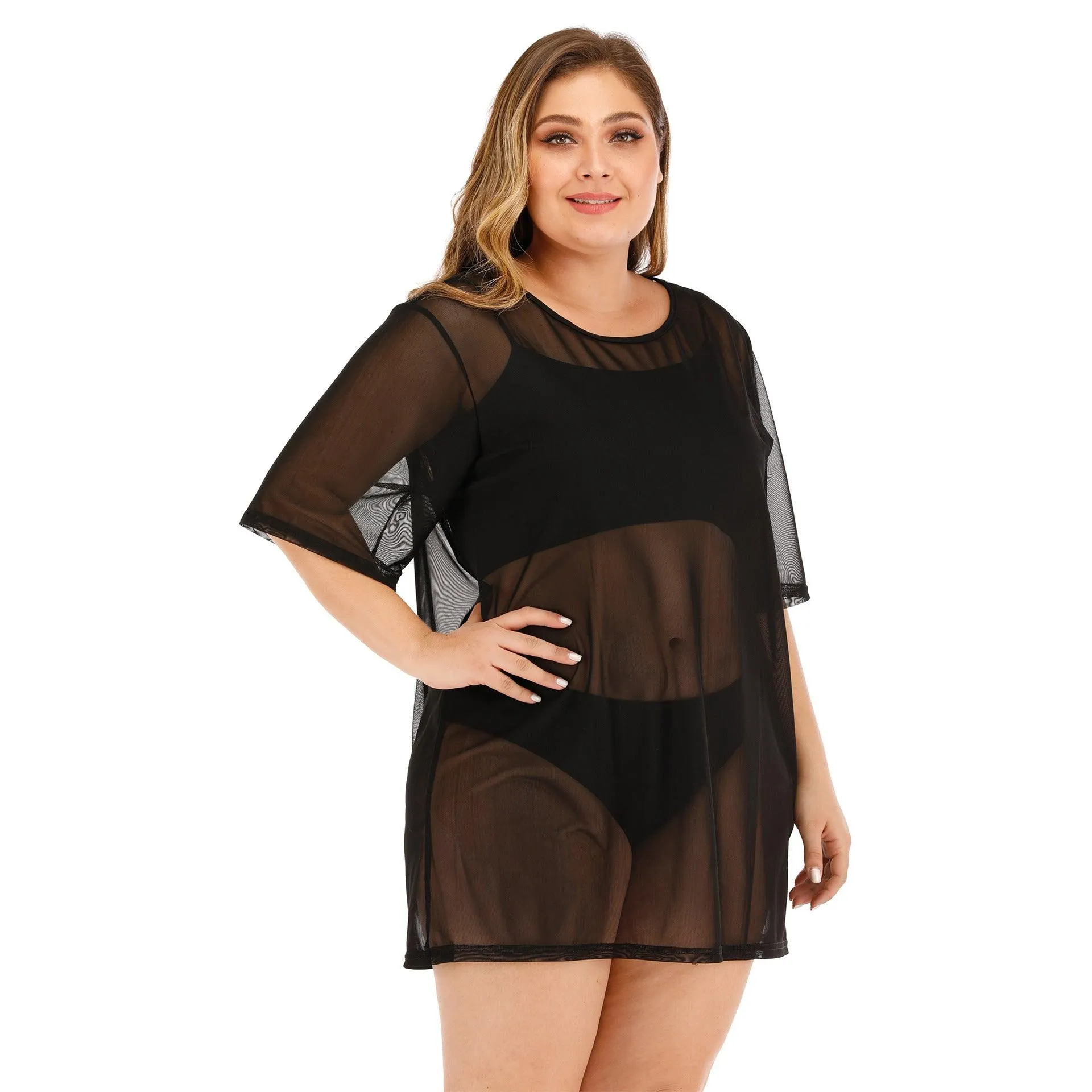 Plus Size Women's Sheer Mesh Beach Bikini Cover Up Dress