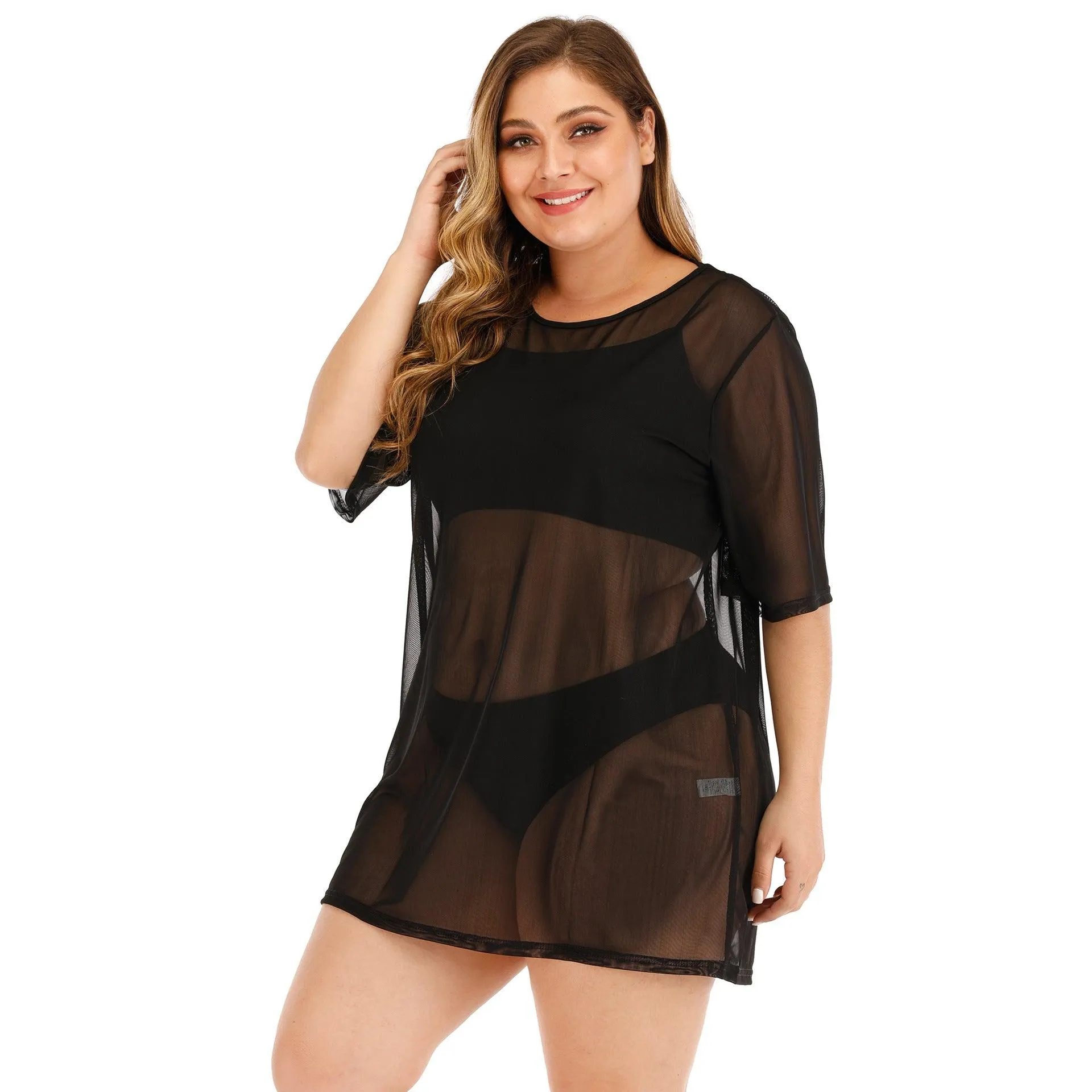 Plus Size Women's Sheer Mesh Beach Bikini Cover Up Dress