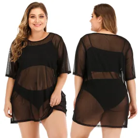Plus Size Women's Sheer Mesh Beach Bikini Cover Up Dress