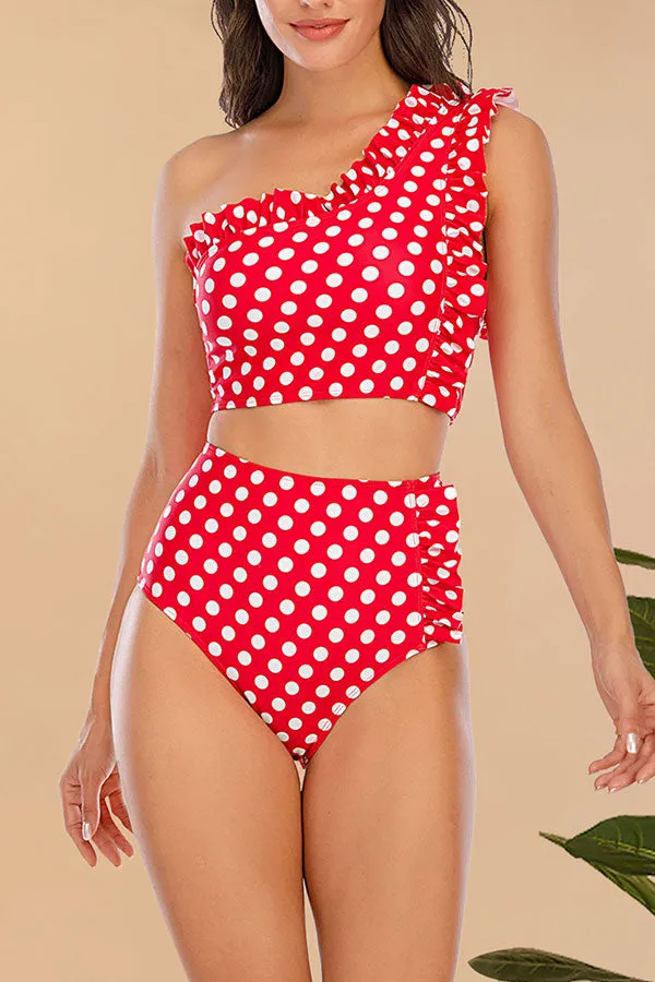 Polka Dot  One Shoulder Girly Ruffles Bikini