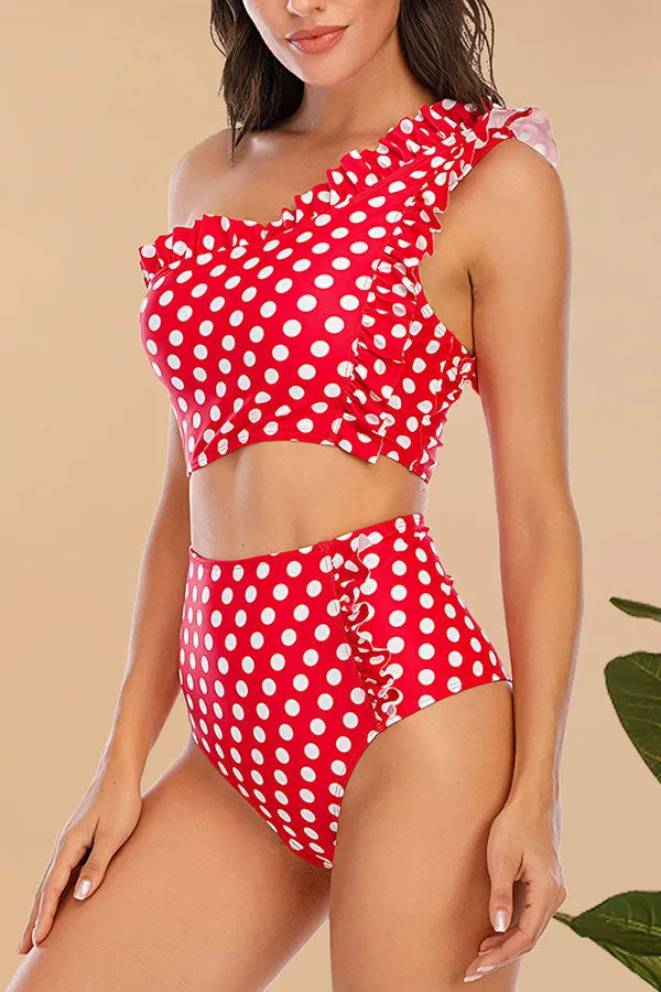 Polka Dot  One Shoulder Girly Ruffles Bikini