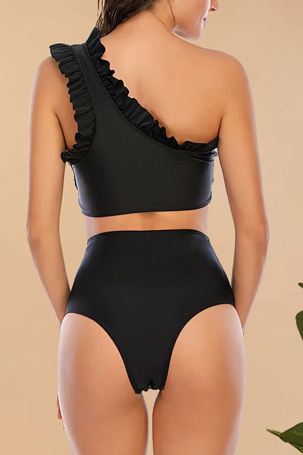 Polka Dot  One Shoulder Girly Ruffles Bikini