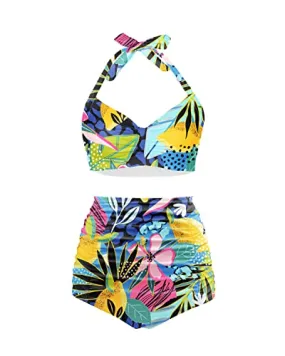 Retro 50S Tummy Control Halter Top Bathing Suit-Colourful