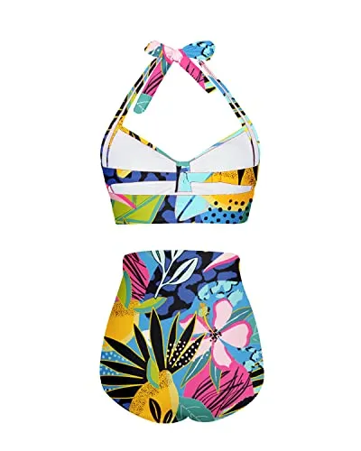 Retro 50S Tummy Control Halter Top Bathing Suit-Colourful