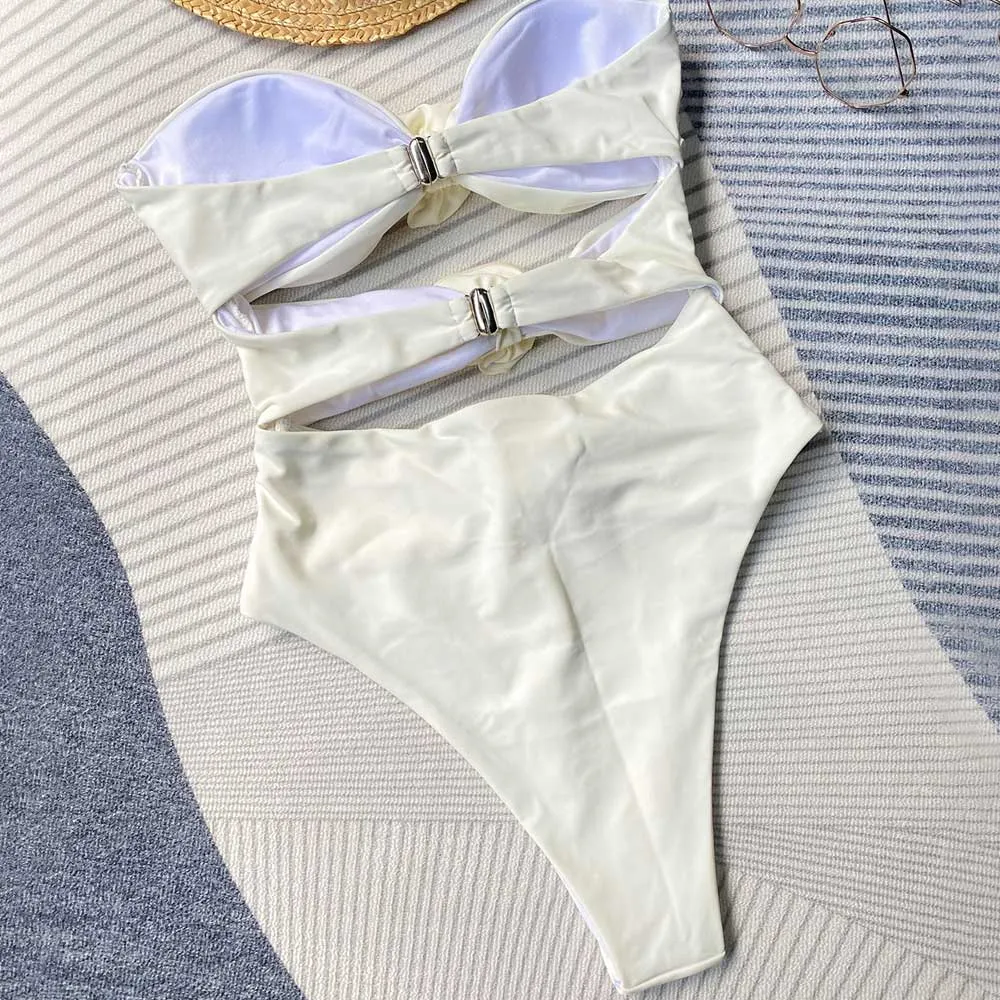 Romantic High Leg Rosette Ruched Cutout Bandeau Brazilian One Piece Swimsuit