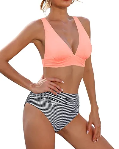 Ruched High Waisted Bikini Tummy Control Bathing Suit V Neck Swimwear-Coral Pink Stripe