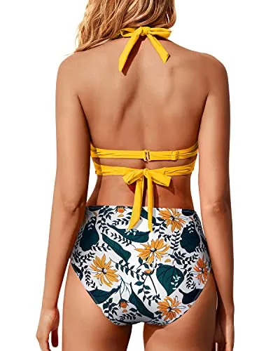 Ruched Twist Front Bikini Top With Bottoms High Waisted Swimsuit-Yellow Floral